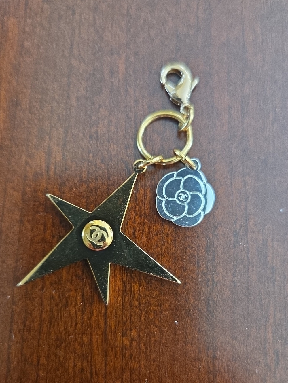 CHANEL Gold Star and Silver Camellia Charm Key Holder